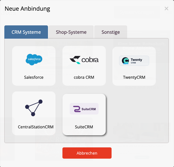 SuiteCRM in der Anbindungsauswahl