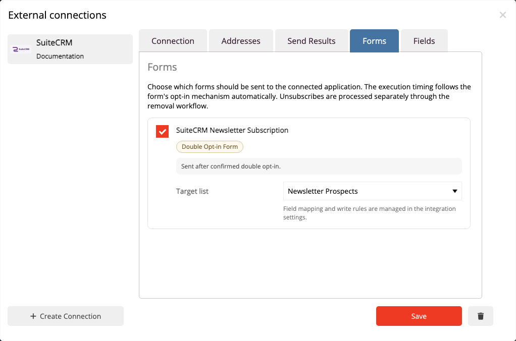 Formular aktivieren und SuiteCRM Target List auswählen