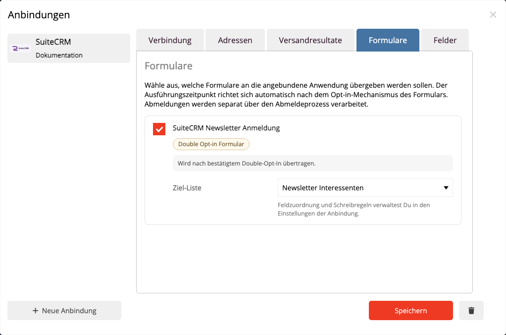 Formular aktivieren und SuiteCRM Target List auswählen