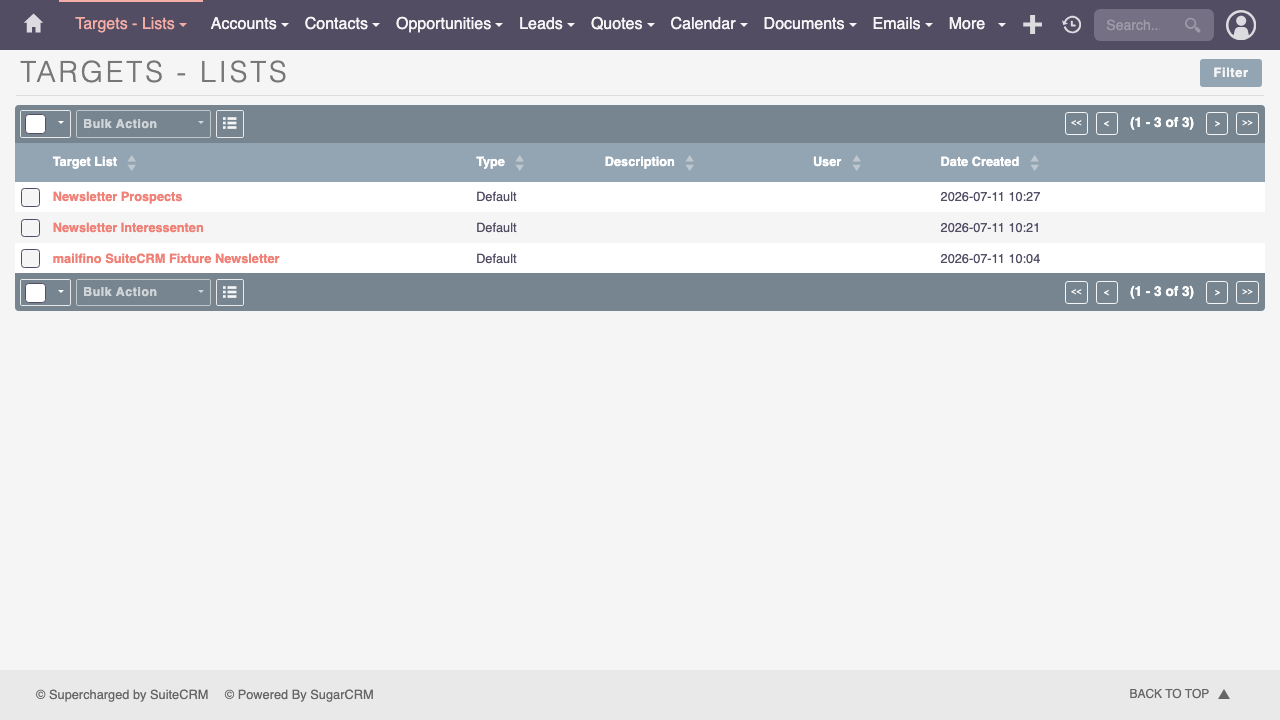 Vorbereitete SuiteCRM Target Lists