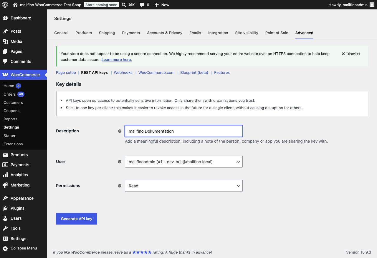 WooCommerce REST-API-Schlüssel anlegen