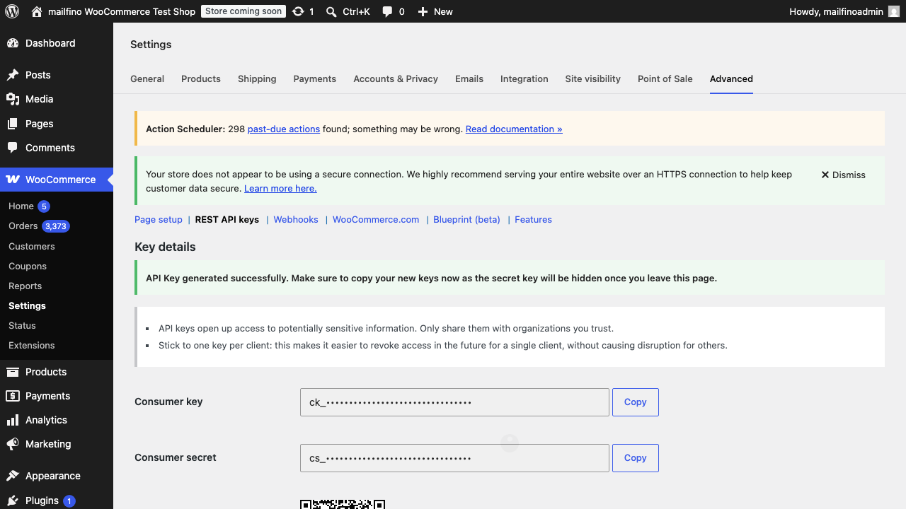 WooCommerce REST-API-Schlüssel erstellt