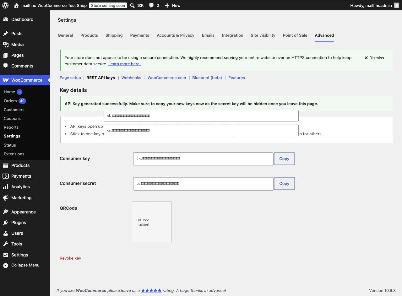 WooCommerce REST-API-Schlüssel erstellt