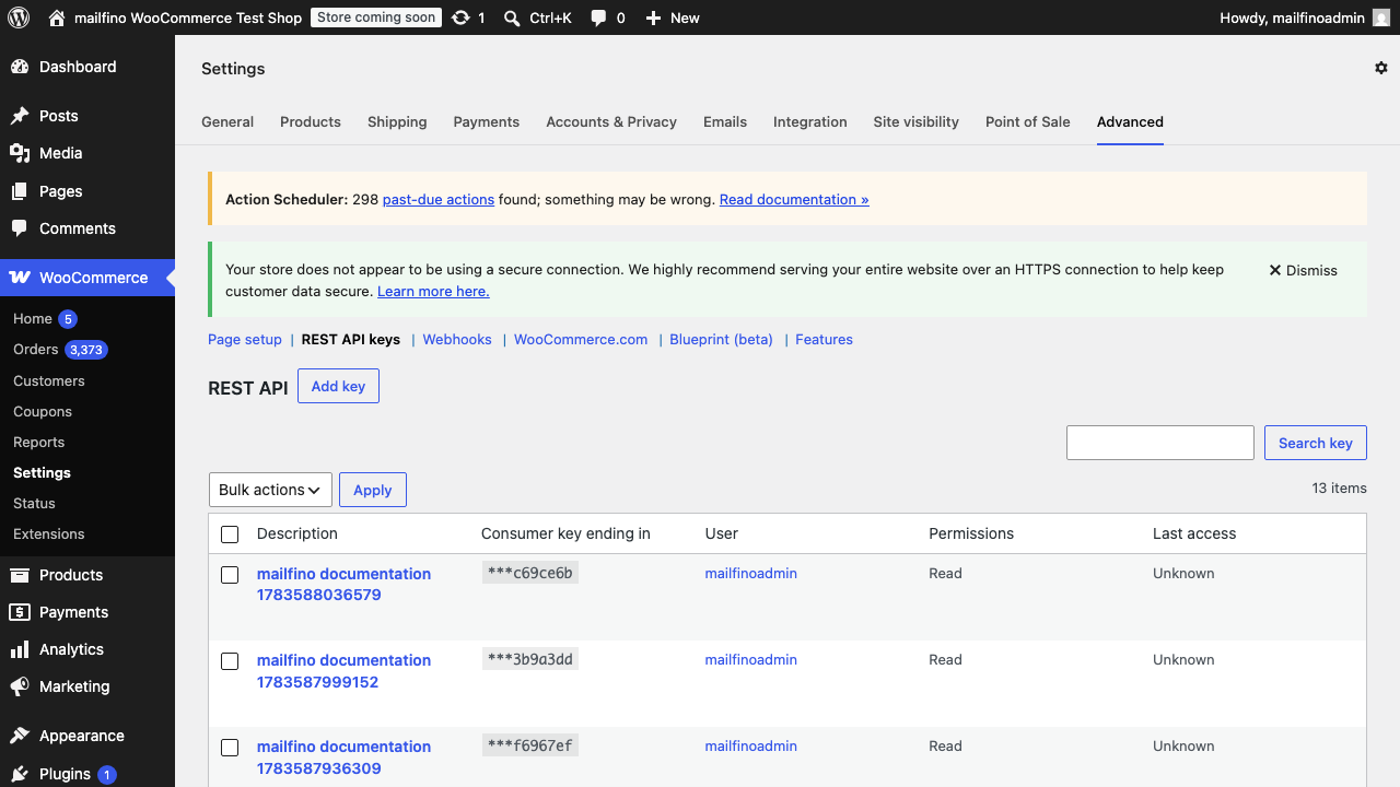 WooCommerce REST-API-Schlüssel verwalten