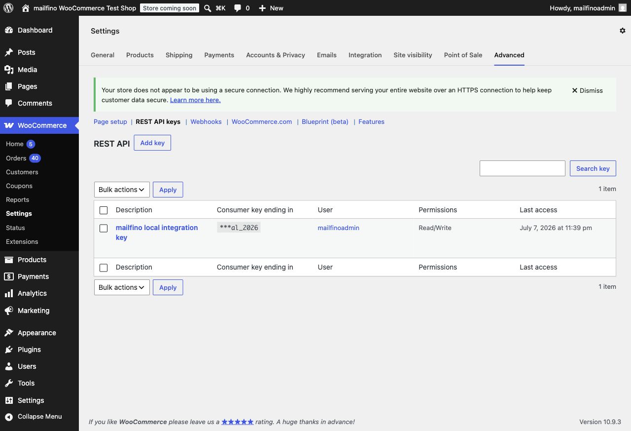 WooCommerce REST-API-Schlüssel verwalten