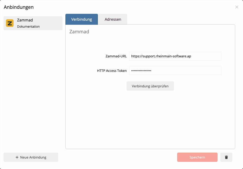 Gespeicherte Zammad-Verbindung