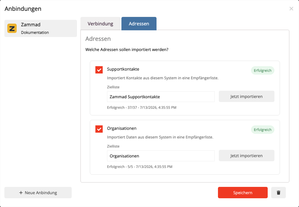 Importstatus der Zammad-Anbindung