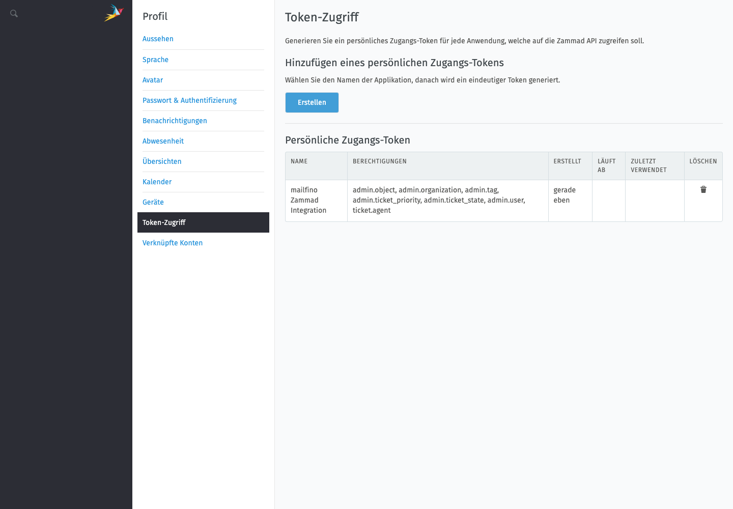 HTTP Access Token im Zammad-Profil