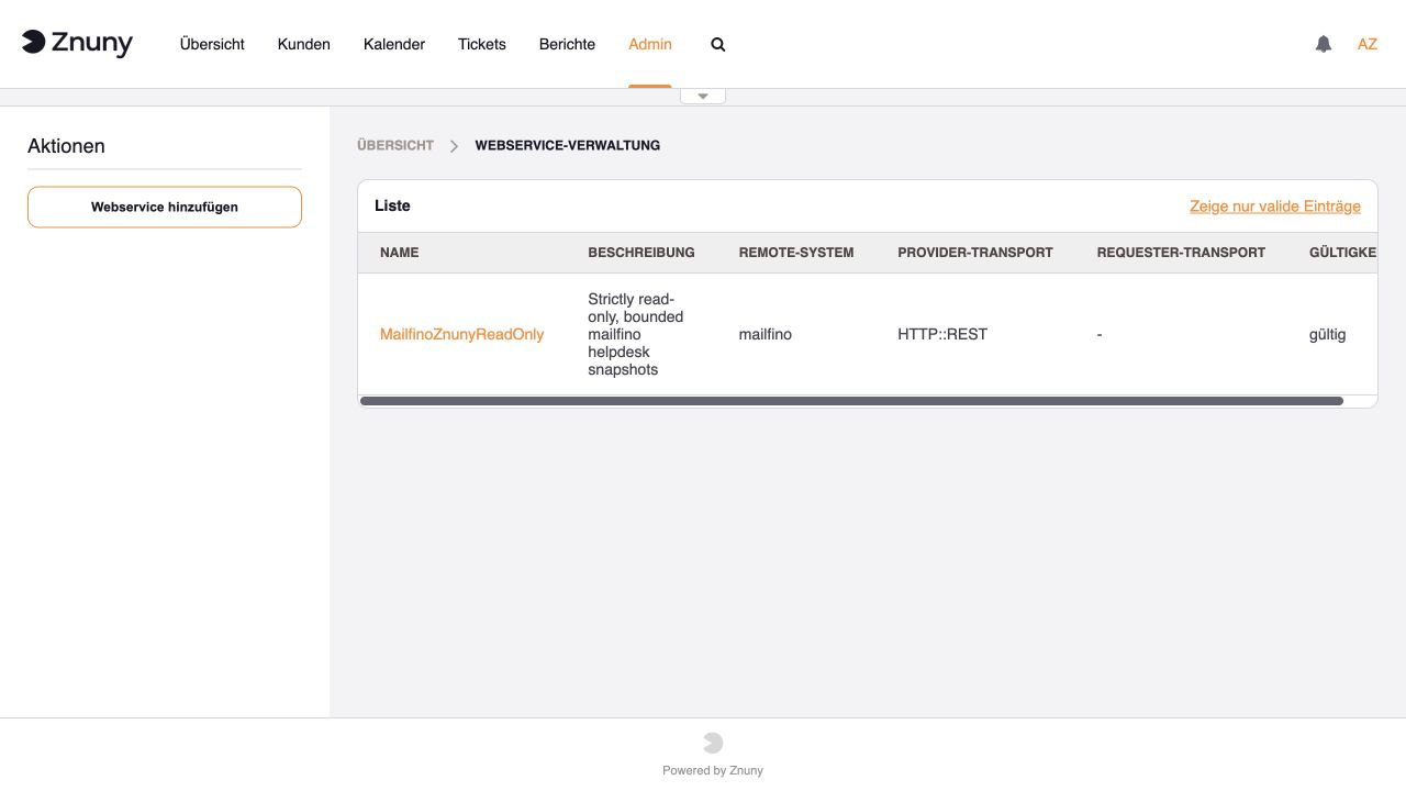Schreibgeschützter Znuny-Webservice für mailfino