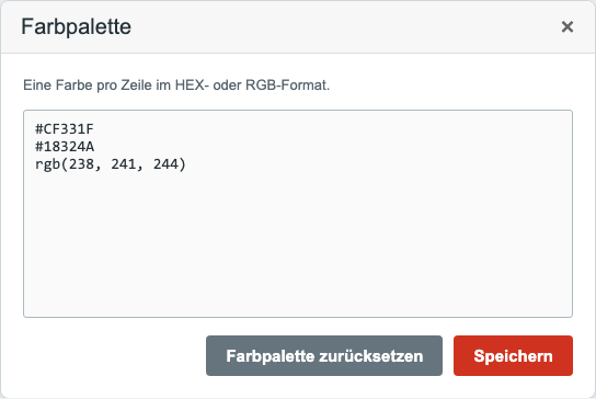 Kontofarbpalette mit HEX- und RGB-Werten