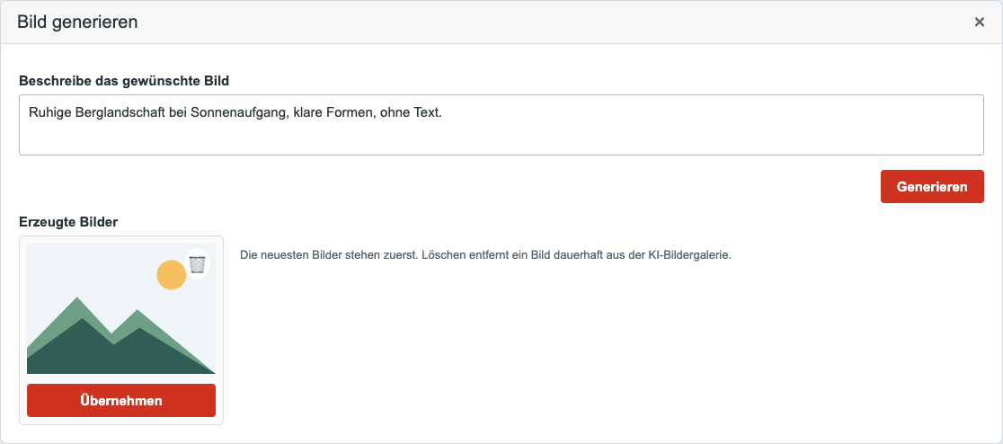 Bildprompt und Galerie mit Übernehmen- und Löschen-Aktion