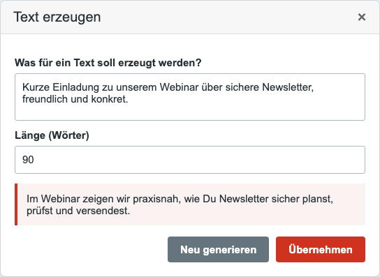 Dialog zum Erzeugen und Prüfen eines Textes