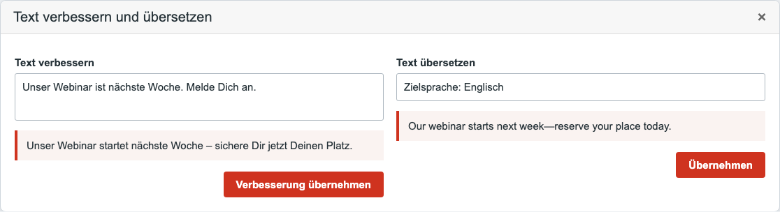 Verbessern und Übersetzen mit Ergebnisprüfung vor der Übernahme