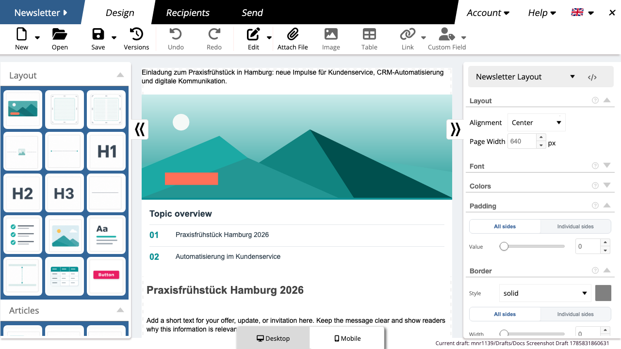 Layout- und Grundbausteine in der Elementleiste