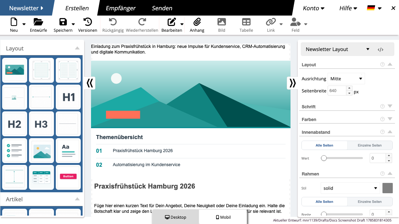 Layout- und Grundbausteine in der Elementleiste