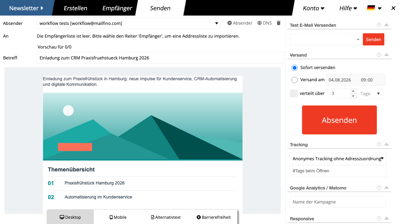 Newsletter-Vorschau mit Testmail- und Versandoptionen