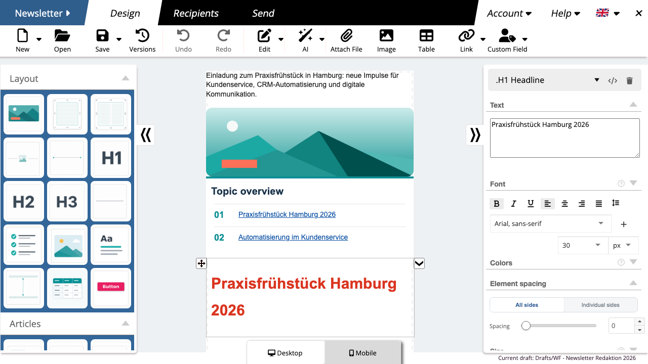 Newsletter nach Anwendung eines Brand Profiles mit übernommenen Markenfarben