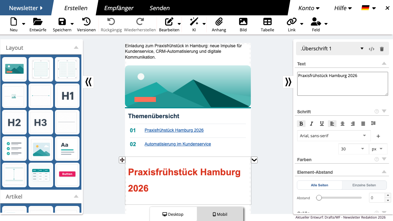 Newsletter nach Anwendung eines Brand Profiles mit übernommenen Markenfarben