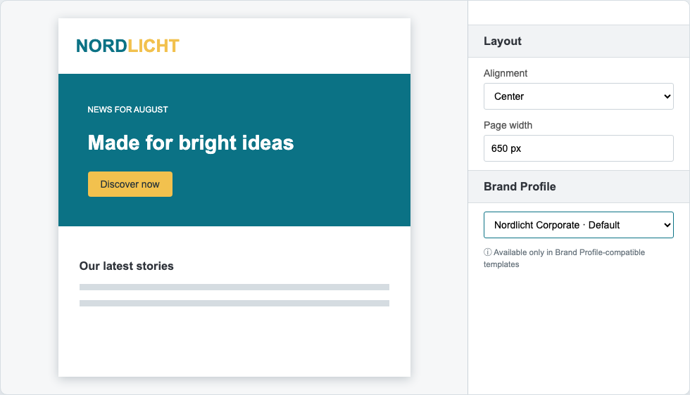 Brand-Profile-Auswahl in den Layout-Eigenschaften einer kompatiblen Vorlage