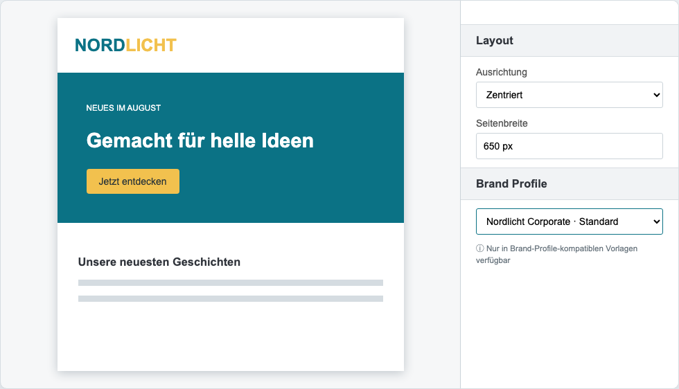 Brand-Profile-Auswahl in den Layout-Eigenschaften einer kompatiblen Vorlage