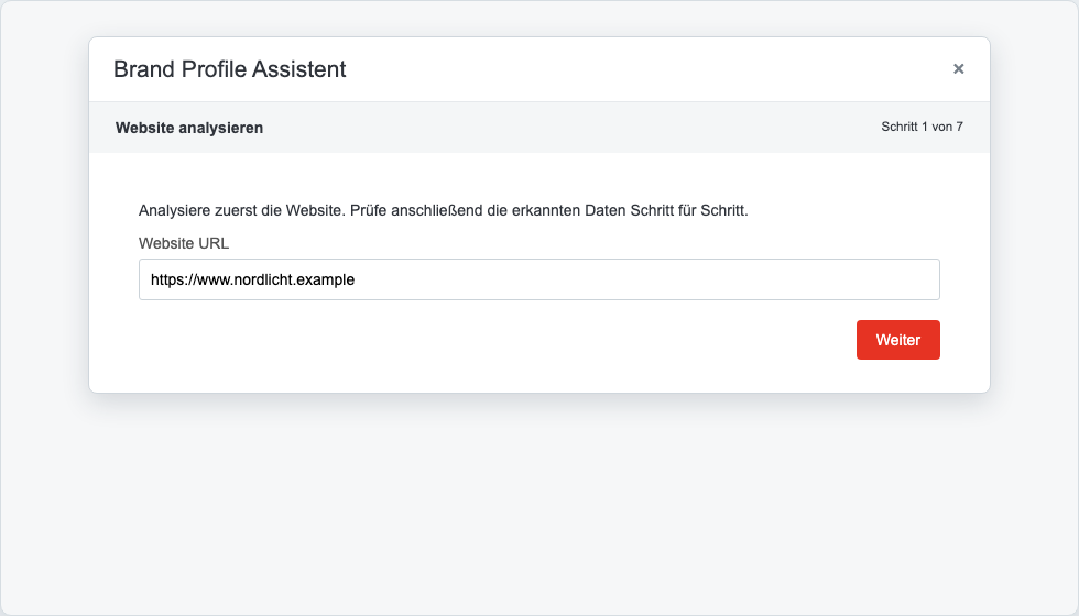 Erster Schritt des Brand-Profile-Assistenten mit Website-URL und der Schaltfläche „Weiter“