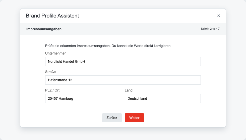 Schritt 2 des Brand-Profile-Assistenten mit getrennten Impressumsfeldern
