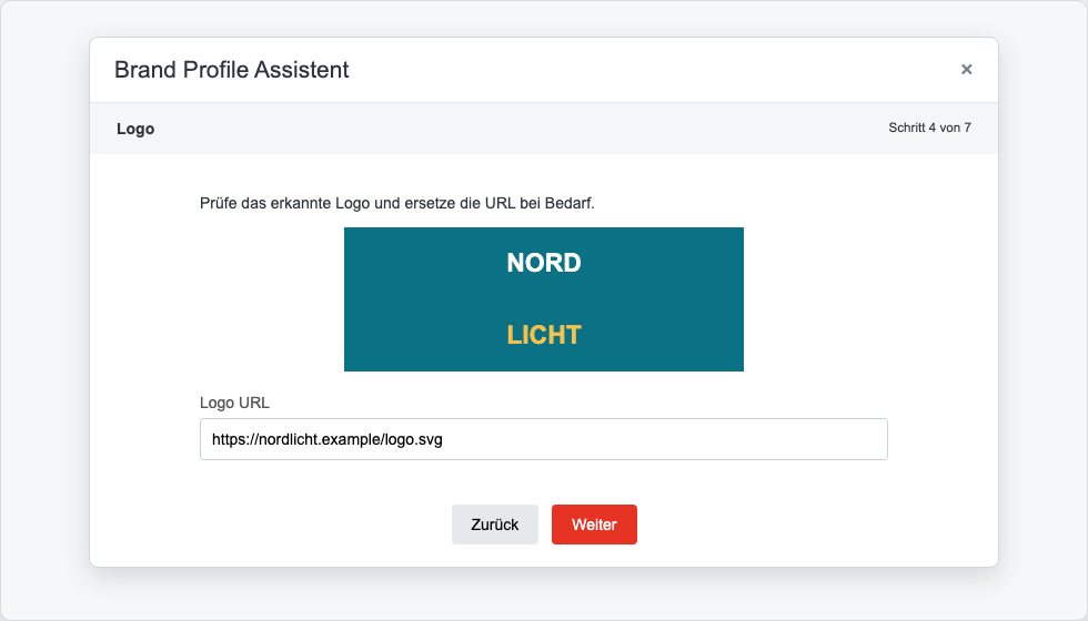 Schritt 4 des Brand-Profile-Assistenten mit Logo-Vorschau und Logo-URL