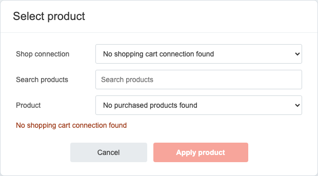 Produktpicker mit dem Hinweis „Keine Shopping-Cart-Anbindung gefunden“