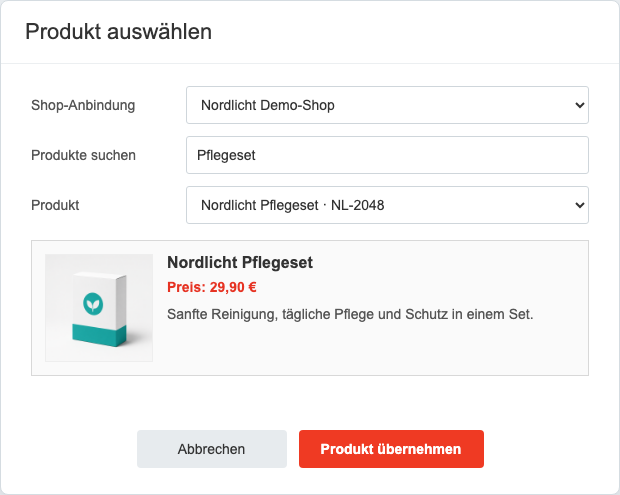 Produktpicker mit ausgewählter Shop-Anbindung, Suchergebnis und Detailvorschau