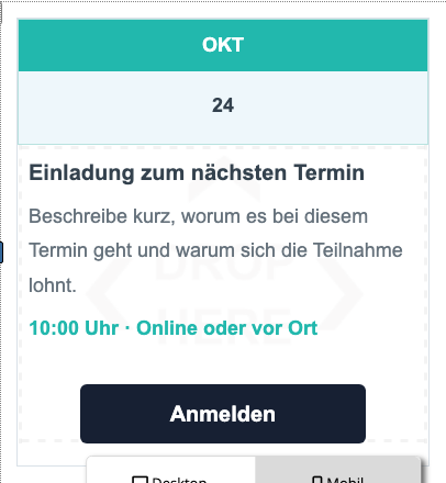 Mobile Folge von Datum, Beschreibung und Schaltfläche