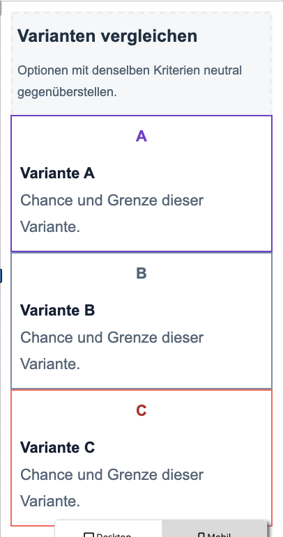 Mobile Reihenfolge der Vergleichsvarianten