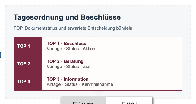 Tagesordnung und Beschlüsse
