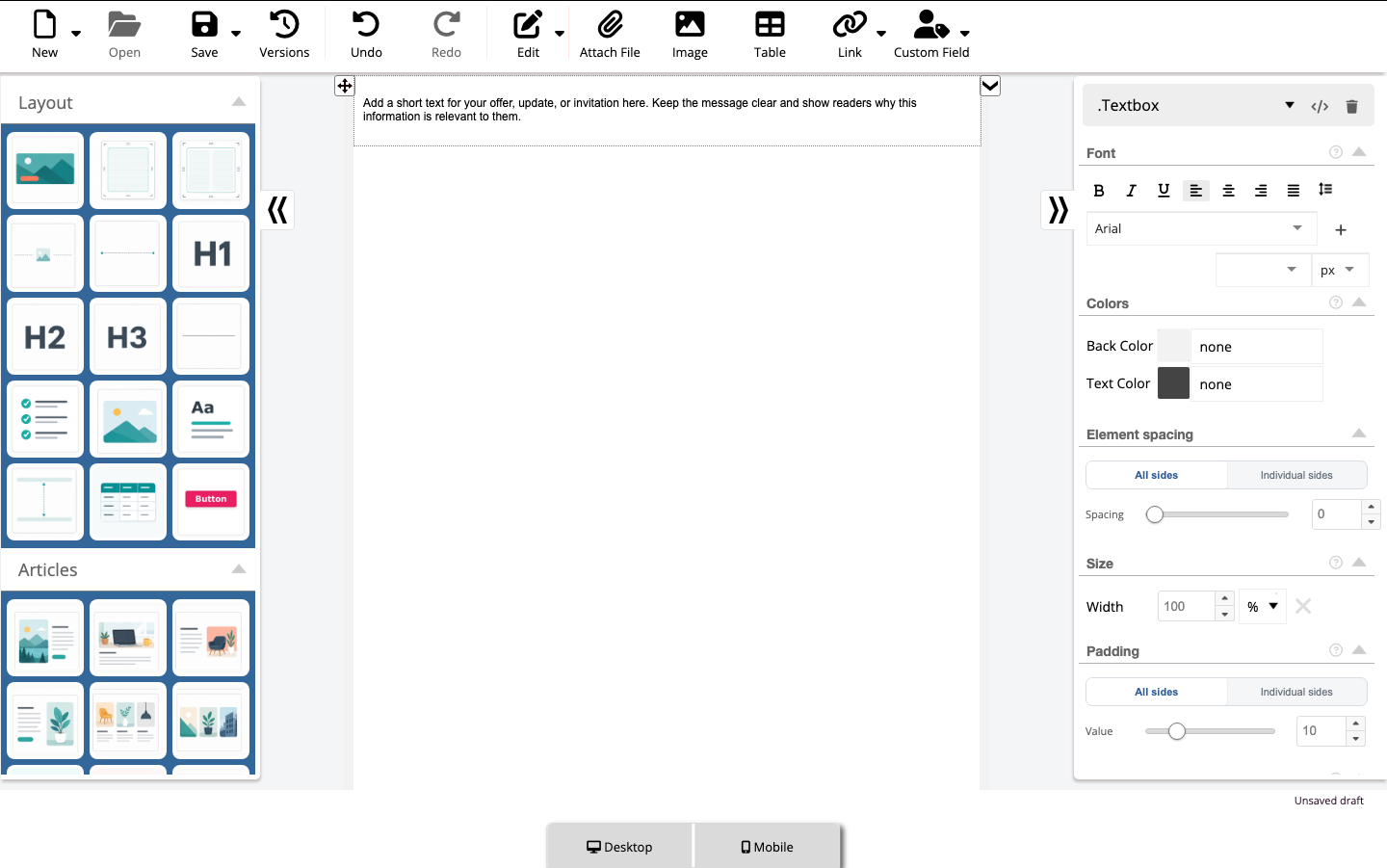 Textbox mit bearbeitetem Fließtext und Textwerkzeugen