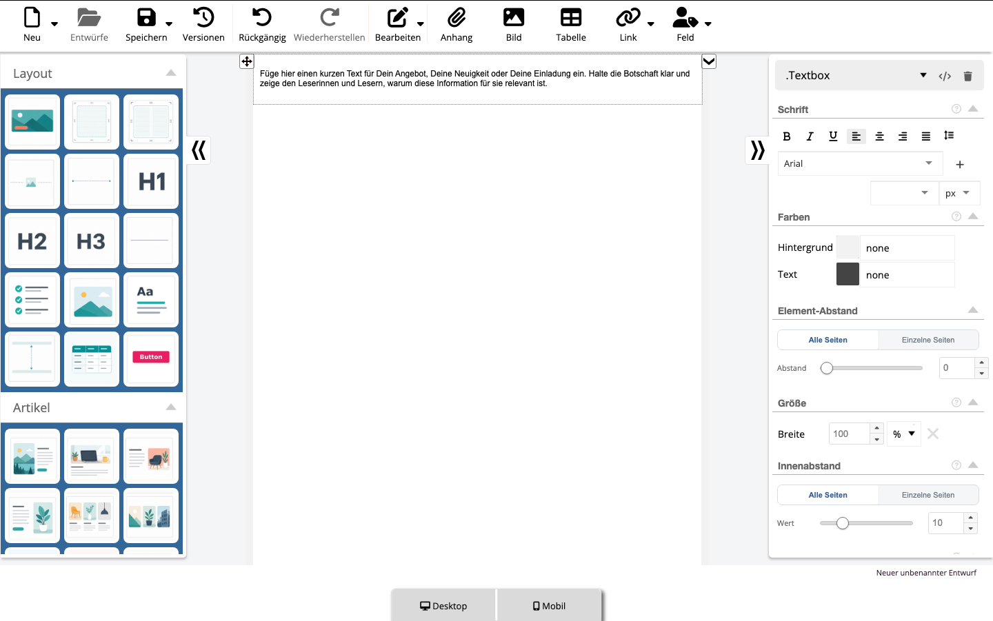 Textbox mit bearbeitetem Fließtext und Textwerkzeugen