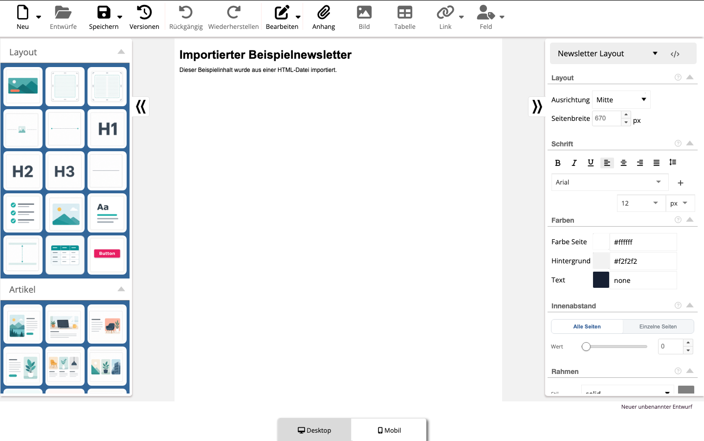 Importiertes Fremd-HTML im Newsletter-Grundaufbau