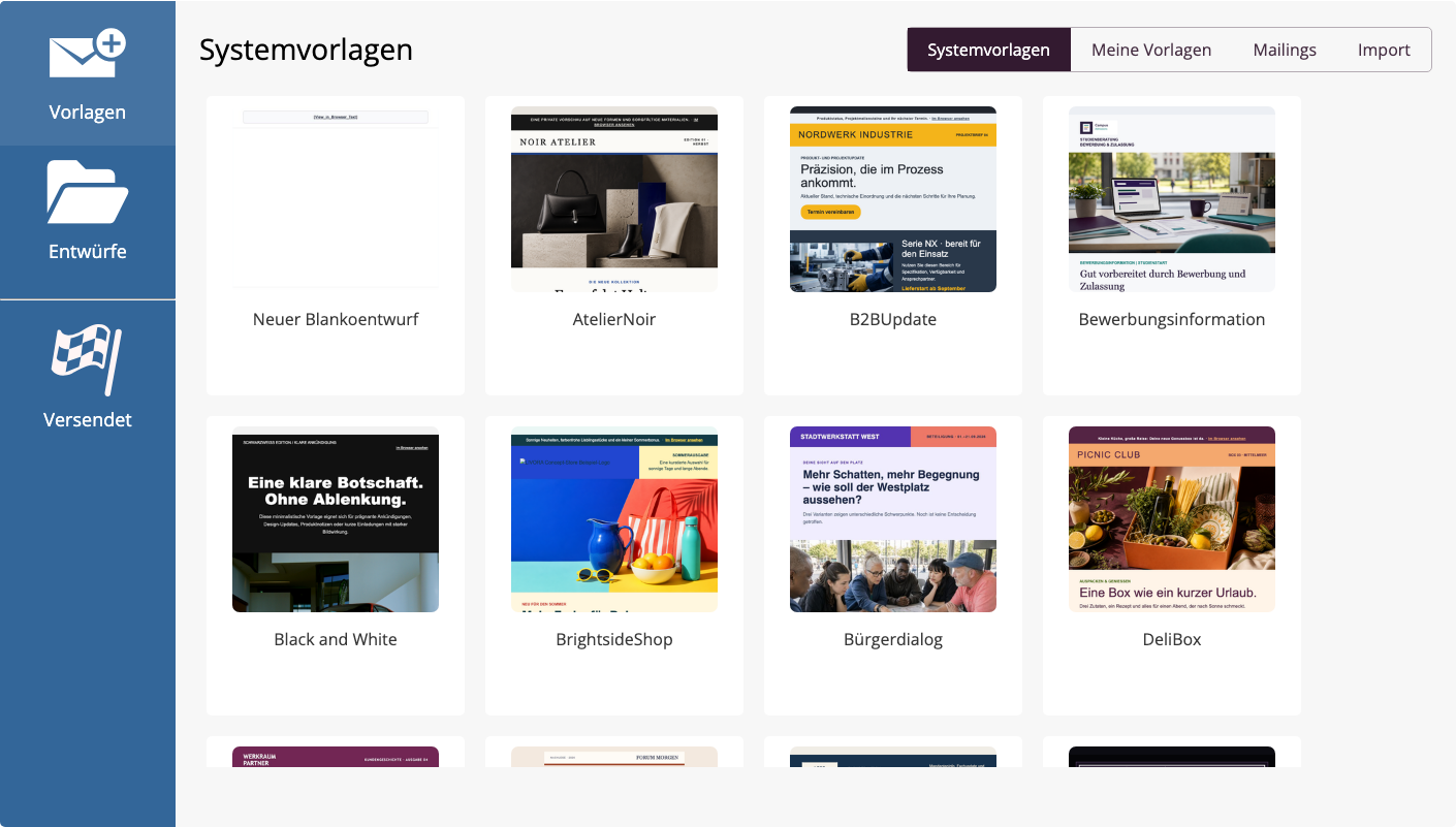 Vorlagenauswahl mit System-, Team- und eigenen Vorlagen sowie Mailings