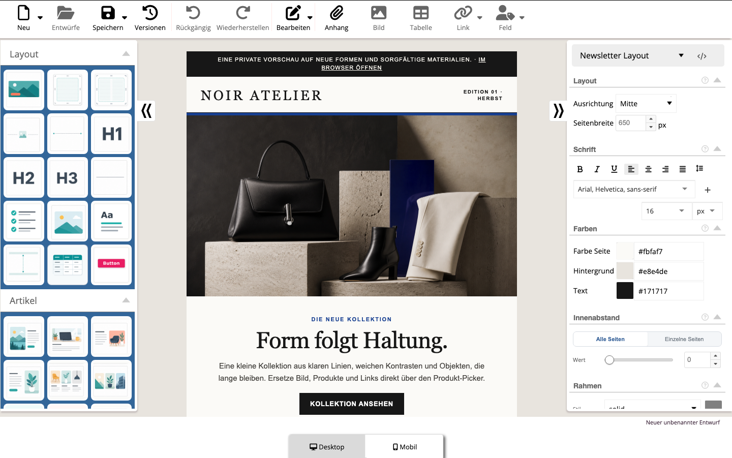 Aus einer Vorlage geladener neuer unbenannter Entwurf