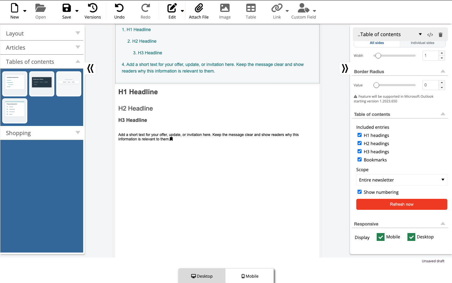 Klassisches Inhaltsverzeichnis mit Quellen und Bereich im Style Editor