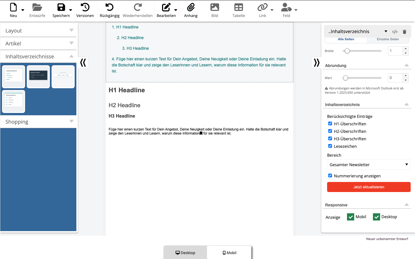 Klassisches Inhaltsverzeichnis mit Quellen und Bereich im Style Editor
