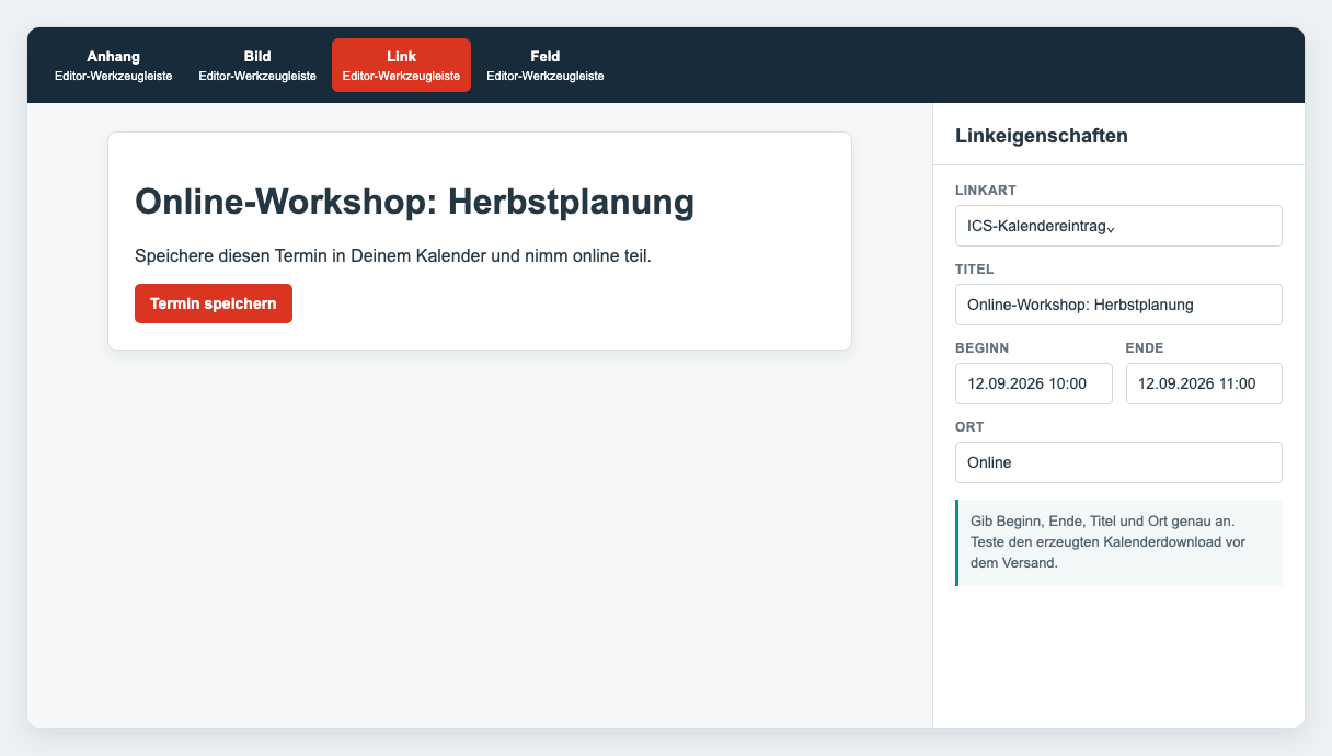 ICS-Kalendereintrag mit Titel, Beginn, Ende und Ort