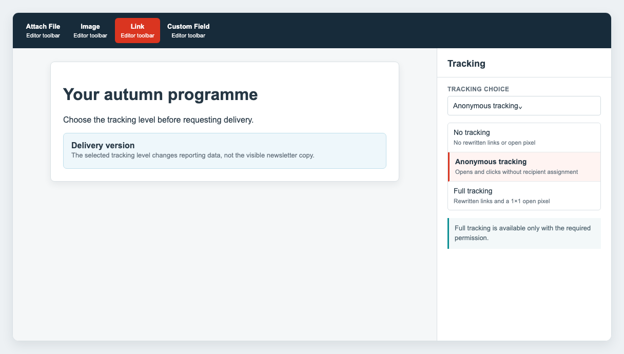 Tracking-Auswahl im Bereich Senden
