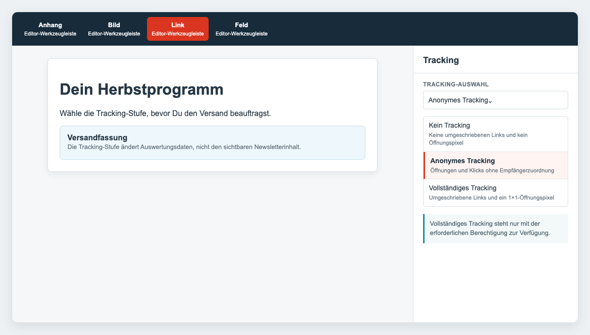 Tracking-Auswahl im Bereich Senden