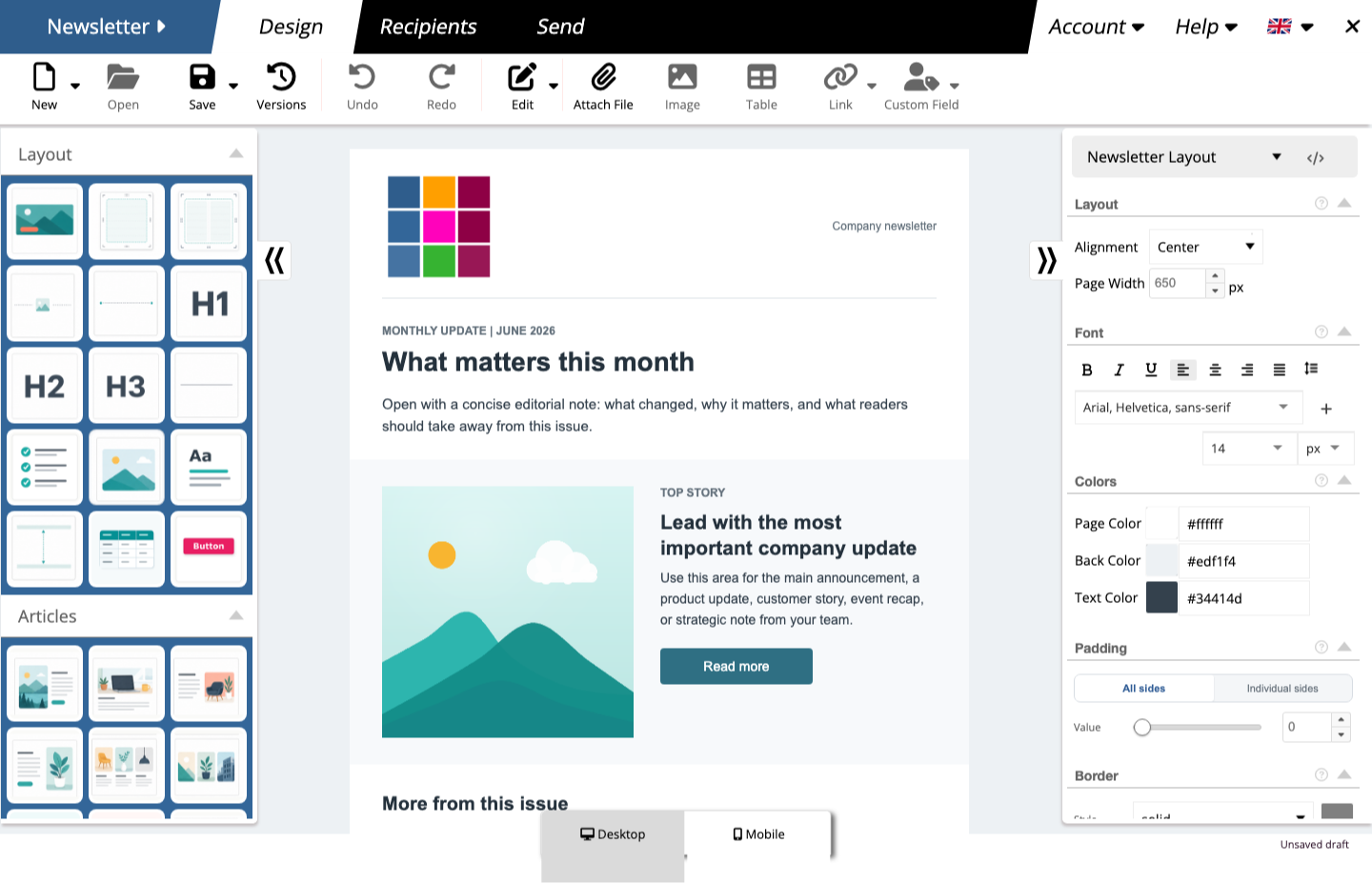 Newsletter with blocks, canvas, and Style Editor