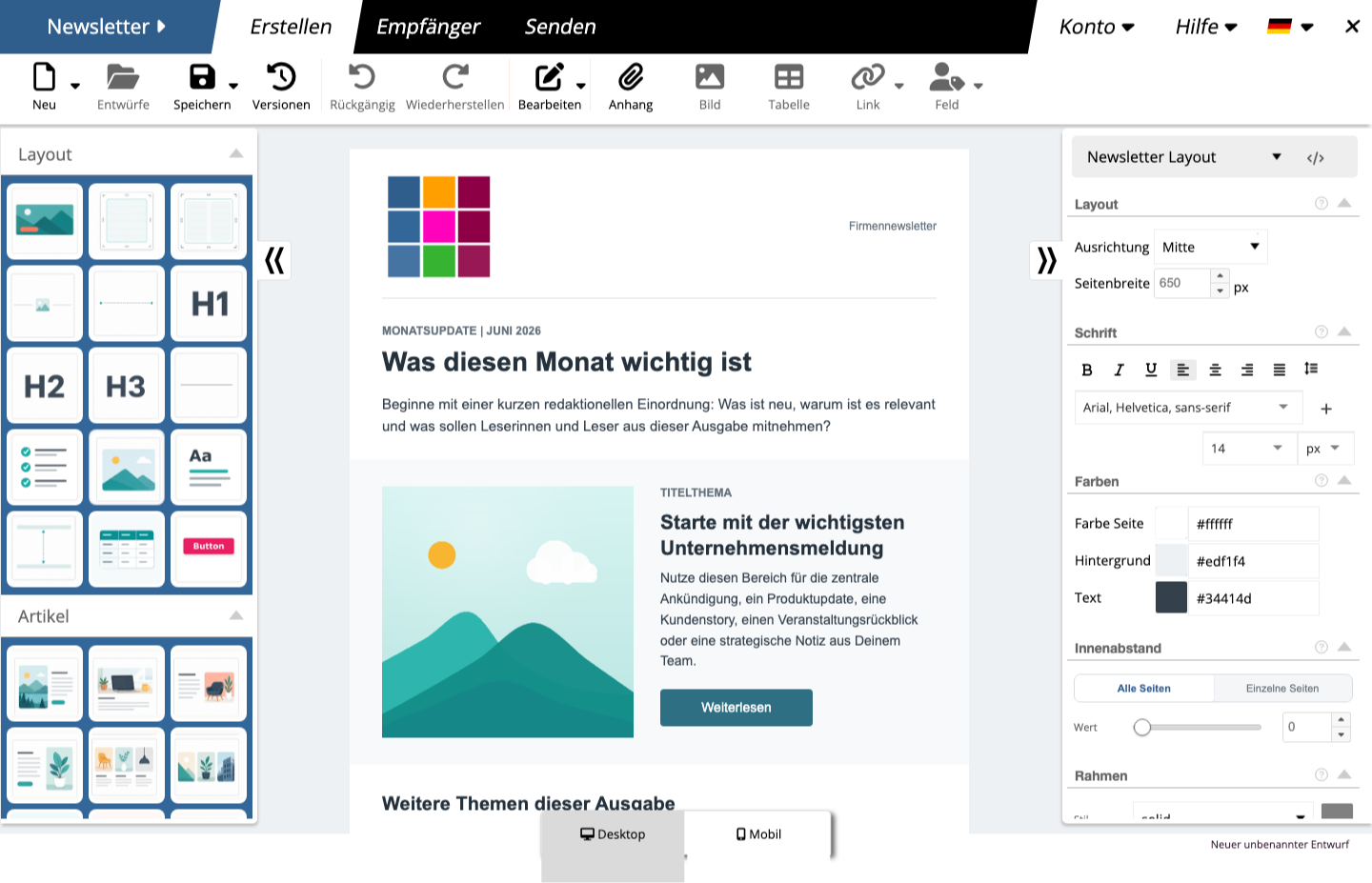 Newsletter with blocks, canvas, and Style Editor