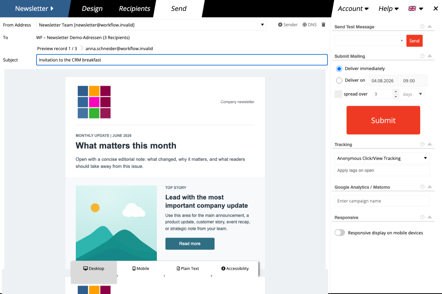 Send-ready preview with From Address, subject, recipient count, and delivery options