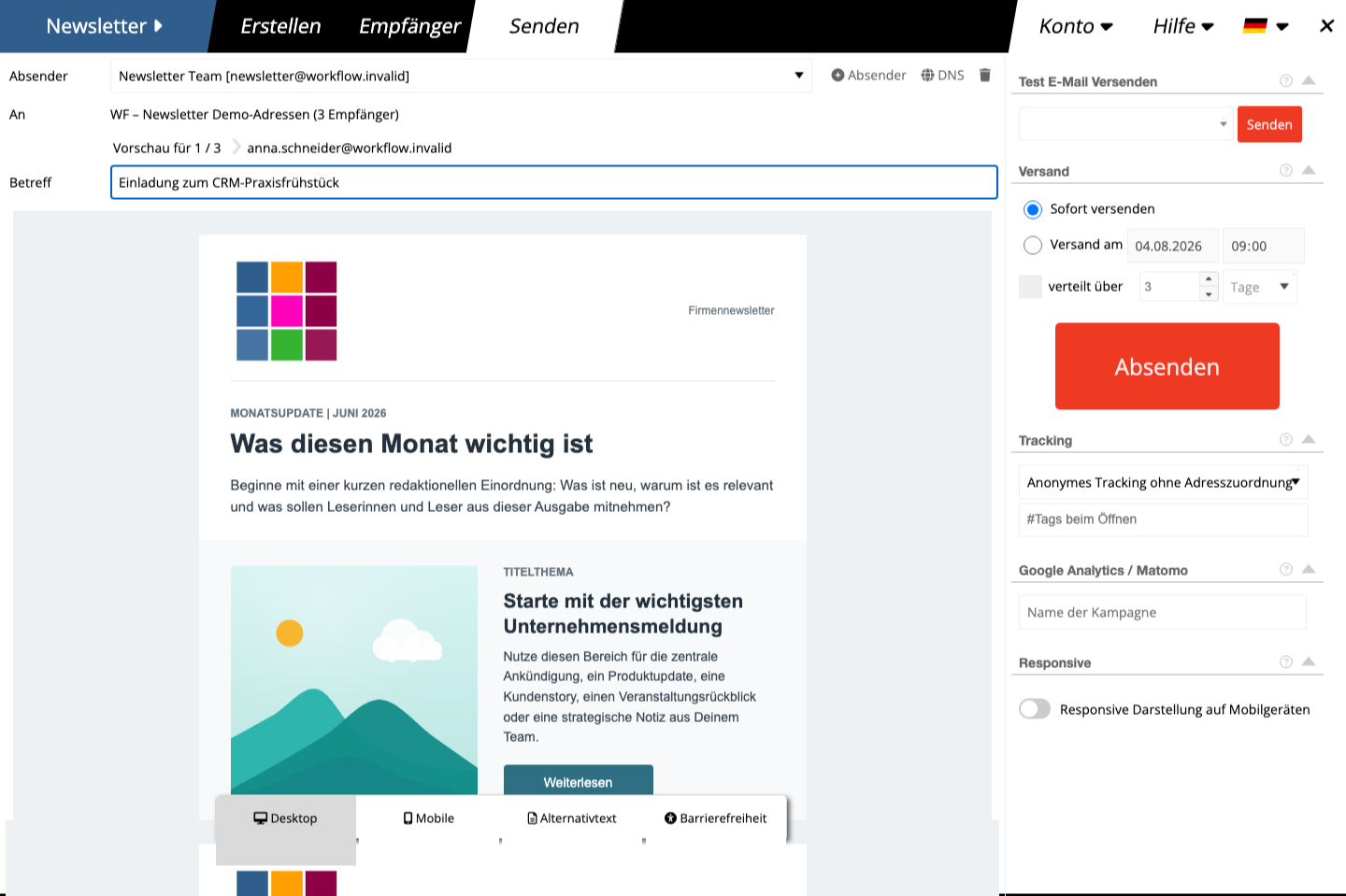 Send-ready preview with From Address, subject, recipient count, and delivery options